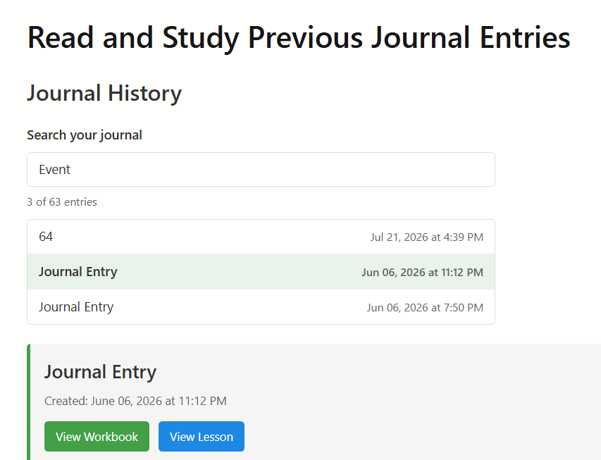 The My ACIM Journal history screen, searching for the word Event and showing 3 of 63 matching journal entries